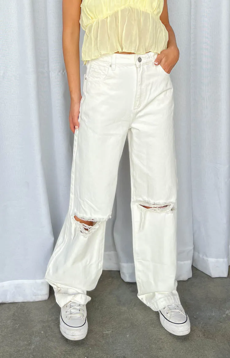 A 94 High & Wide Washed White Rip Jeans