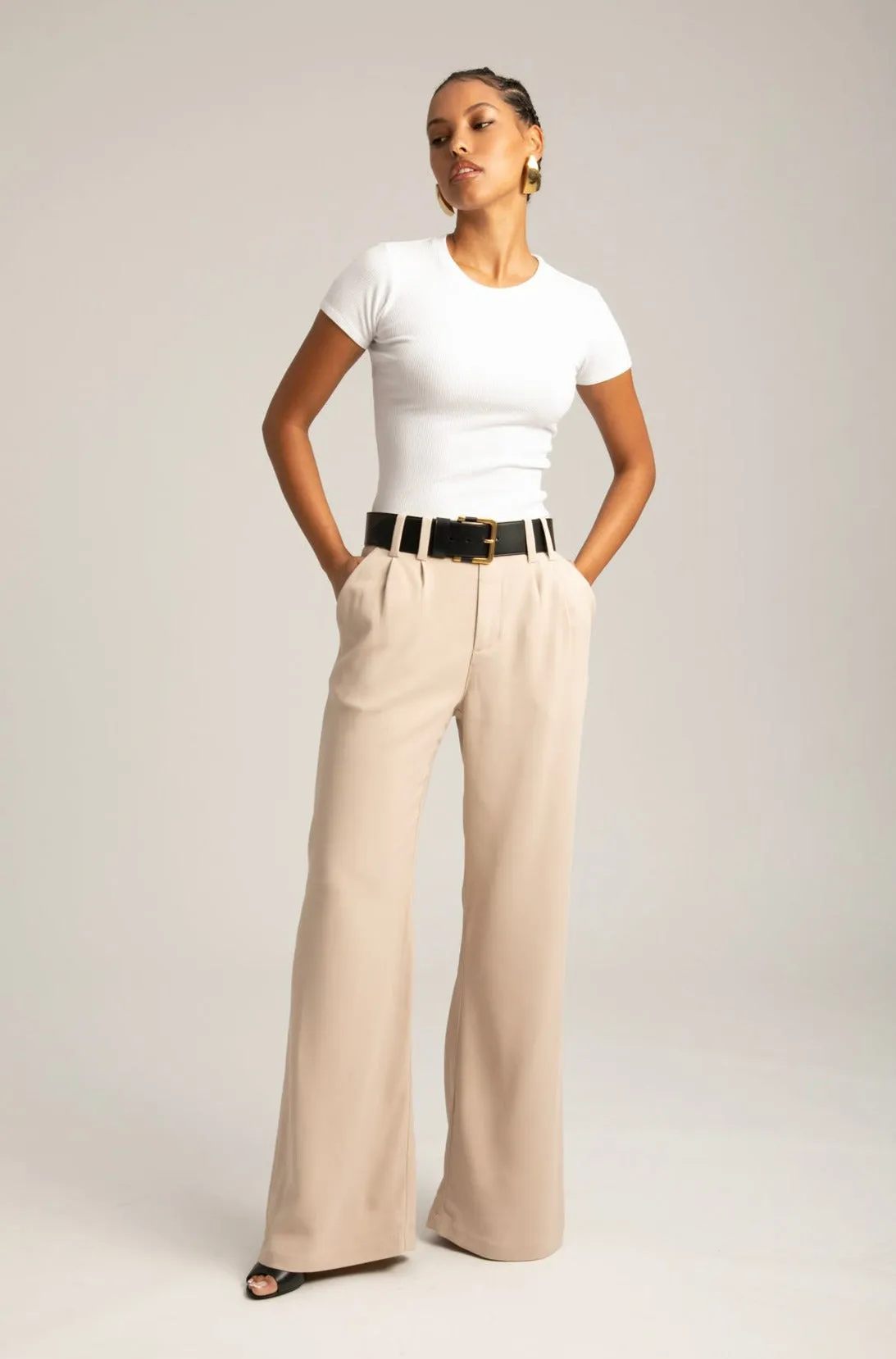 Beige Crepe Pleated Trouser