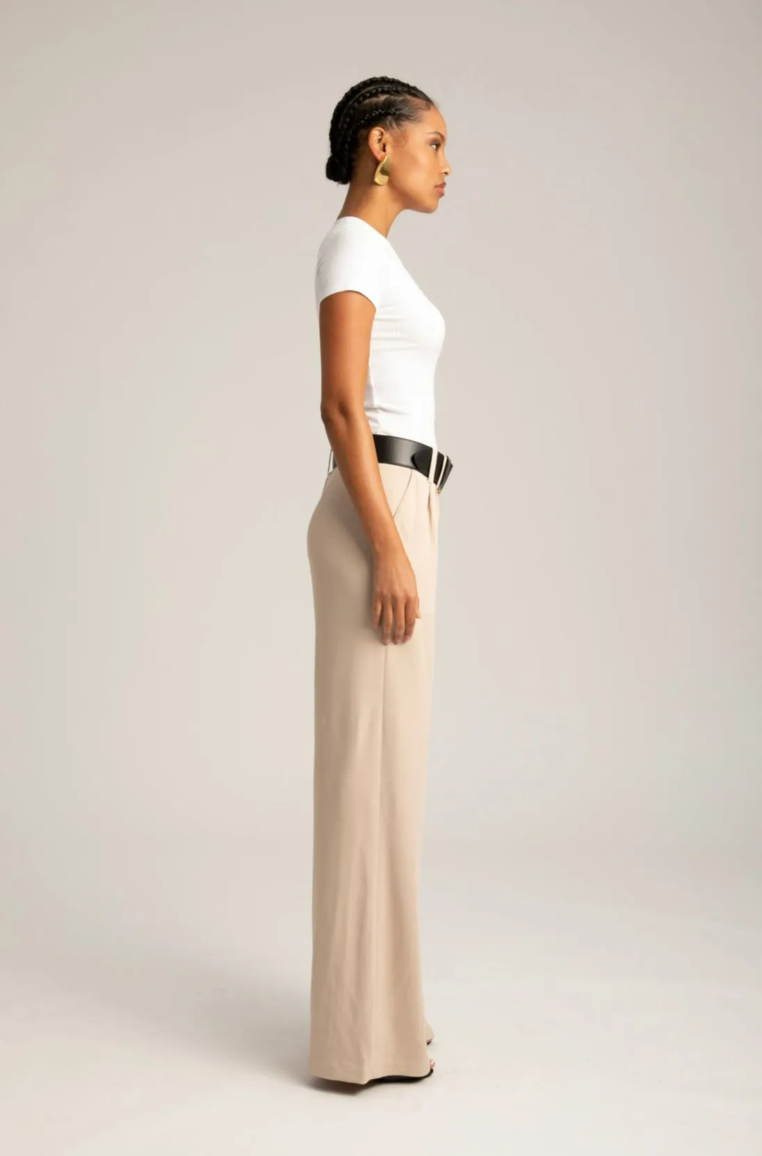 Beige Crepe Pleated Trouser