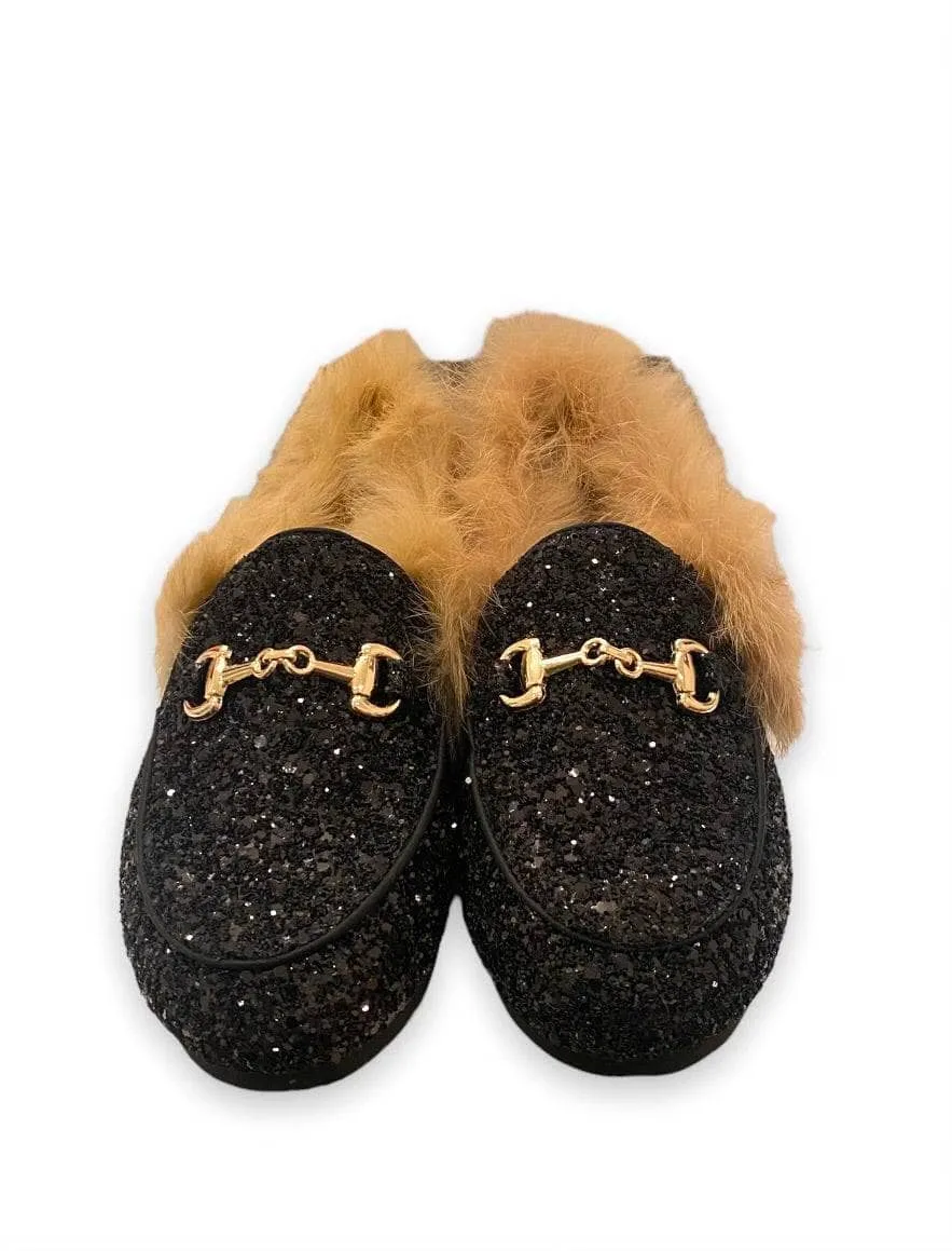 Black Glitter Fur loafers