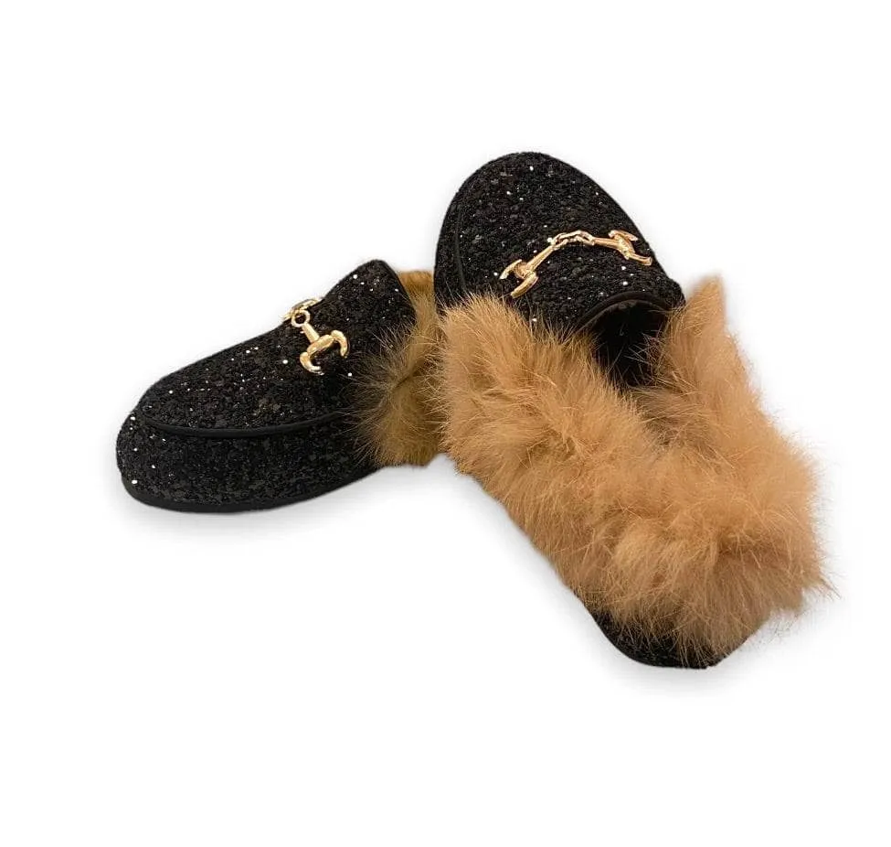 Black Glitter Fur loafers