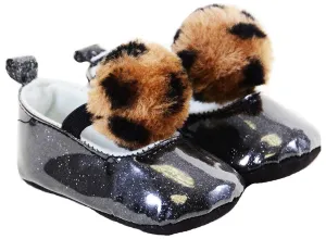 Black Shiny Glitter Leopard Furry Pom Baby Infant Maryjane Flats