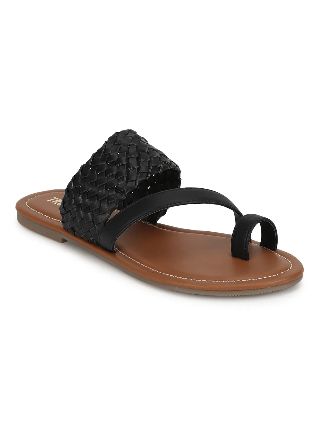 Black Woven PU Flat Slip On Sandals