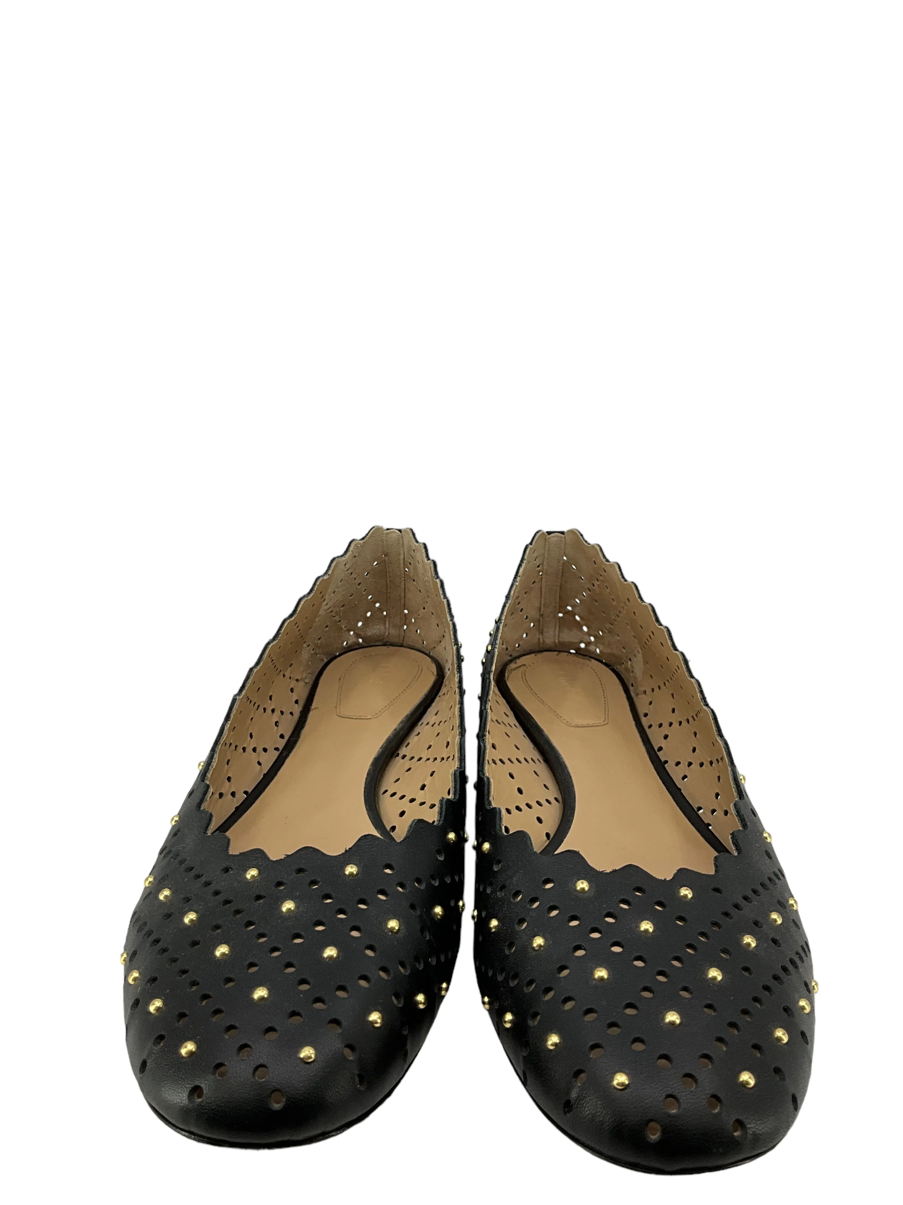 Chloe Black Lasercut And Studded Leather Flats Size 11