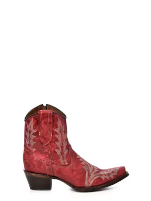 Corral Boots WOMEN’S EMBROIDERY AND ZIPPER RED SNIP TOE ANKLE COWBOY BOOT - RED