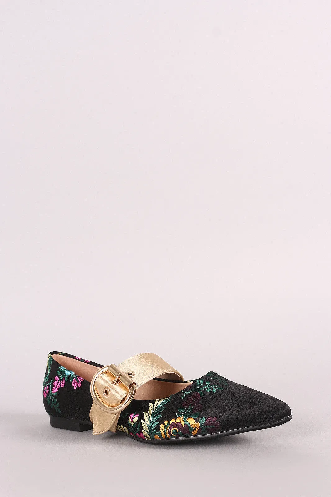 Embroidered Floral Satin Pointy Toe Mary Jane Flat