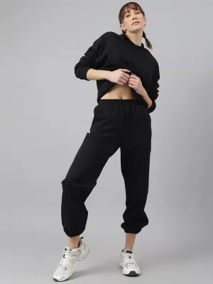 Fitkin Women Black Solid Oversized Fleece Jogger Pants