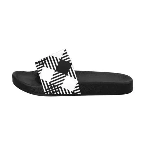 Flip-Flop Sandals, Black and White Plaid Style Women's Slides