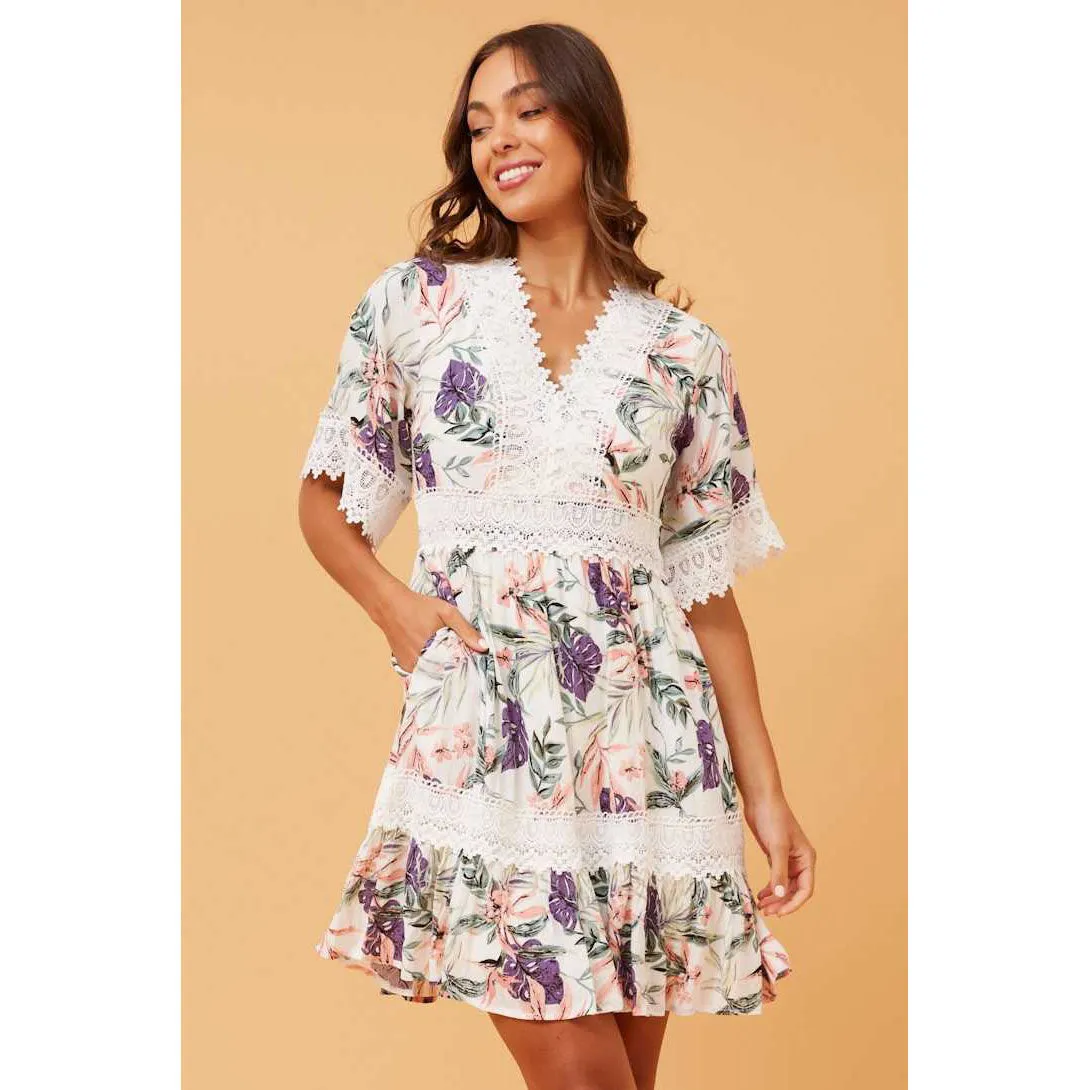 Floral V-Neck Cheesecloth Dress - Multi Purple