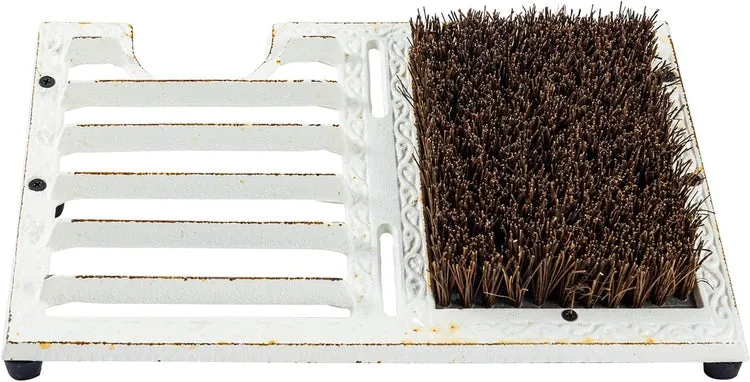 Heavy Duty White Cast Iron Angled Shoe Scraper and Scrubber Mat, Footwear Dirt Cleaning Brush and Boot Puller for Porch