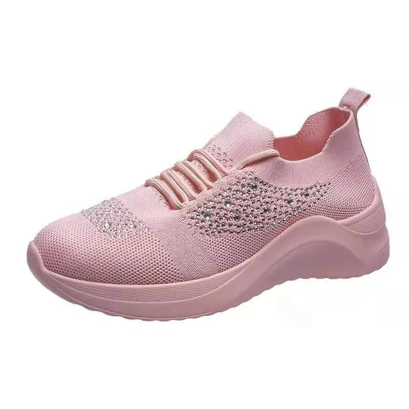 Hot sale flying woven rhinestone breathable sneakers