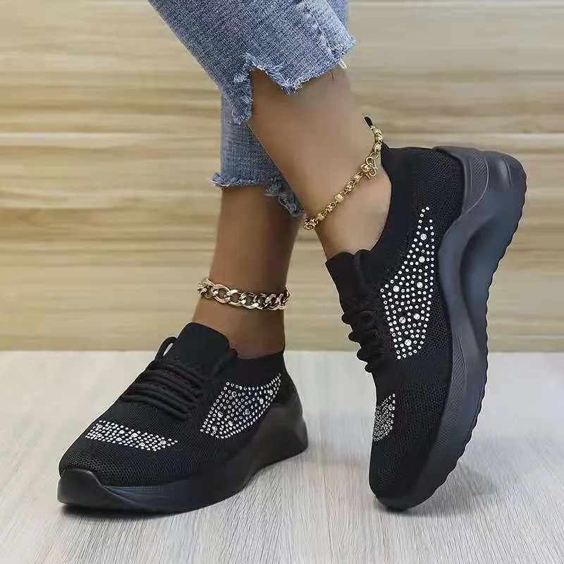 Hot sale flying woven rhinestone breathable sneakers