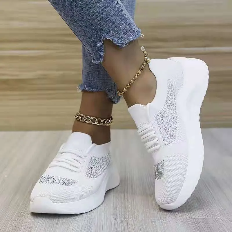 Hot sale flying woven rhinestone breathable sneakers