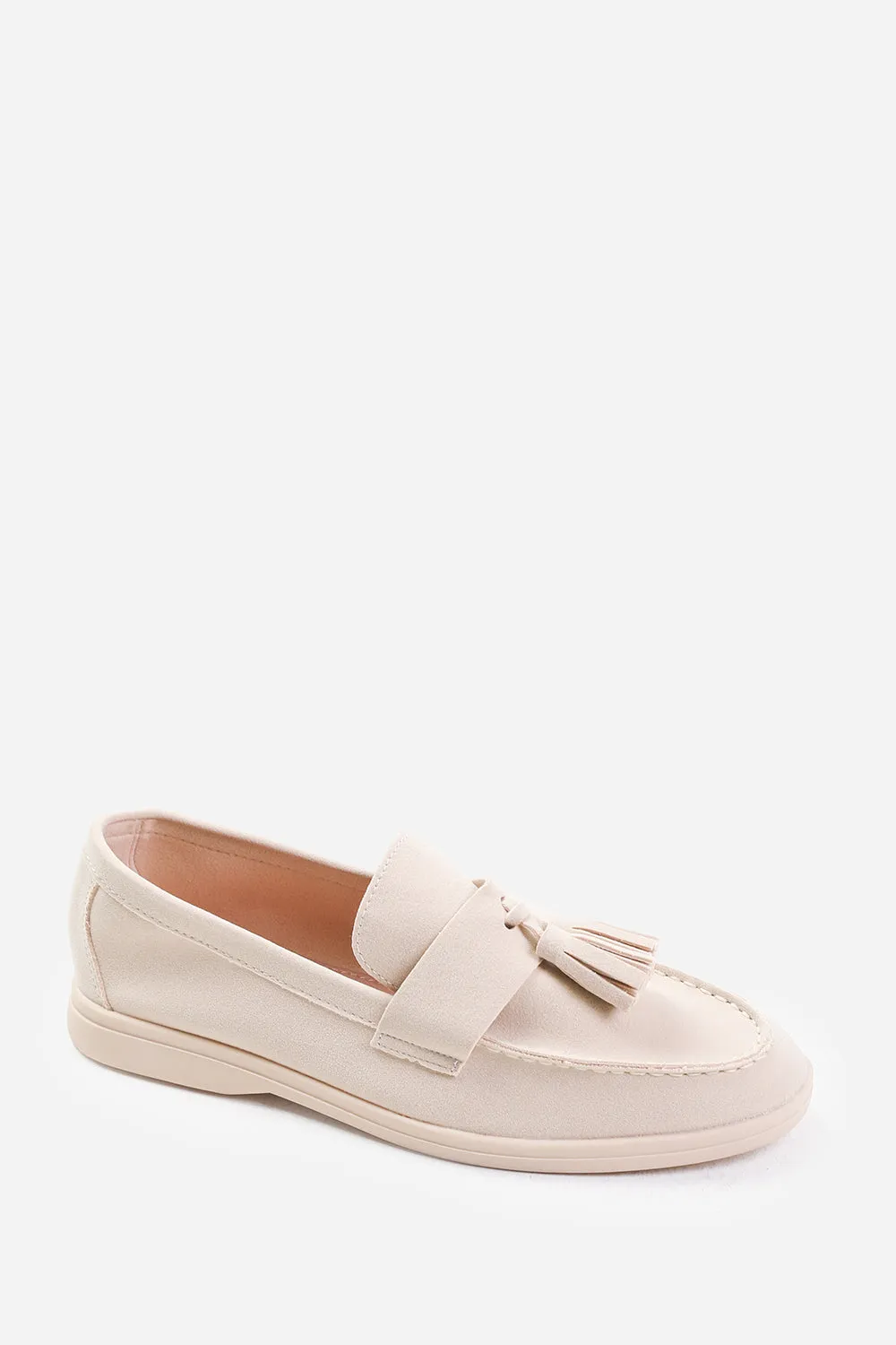 KENYA WIDE FIT SLIP ON LOAFER WITH TASSEL DETAILING IN BEIGE SUEDE