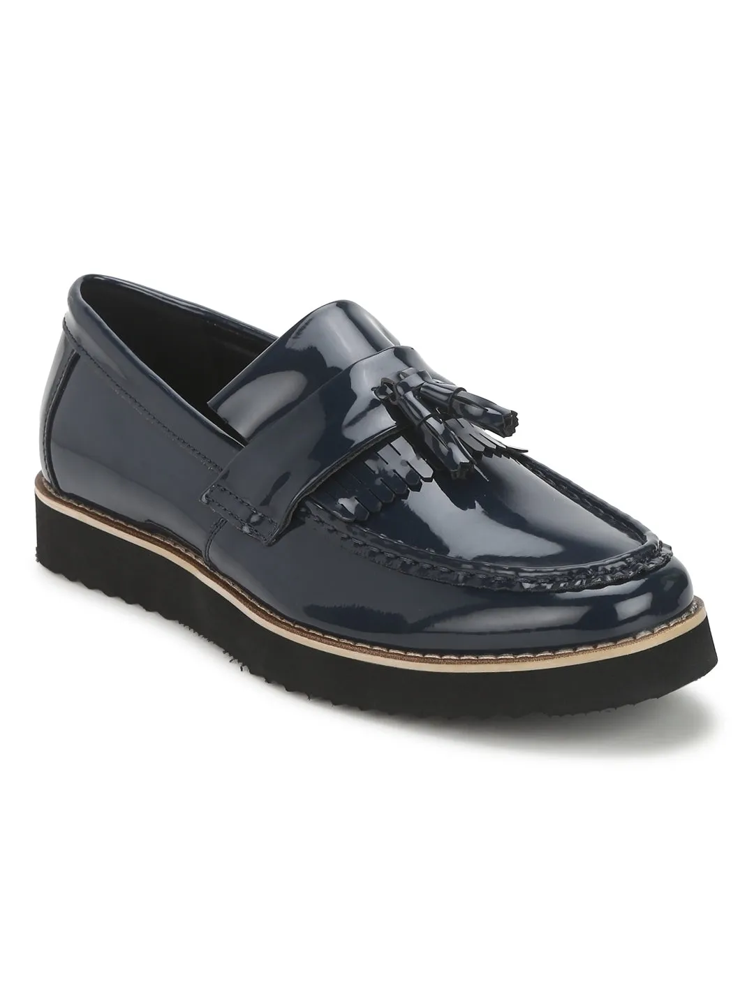 Navy Patent Cleated Bottom Tassel Men Loafers