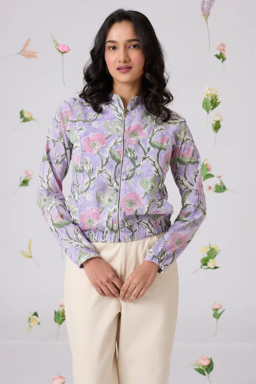 Okhai "Lavender Love" Hand-Embroidered Mirrorwork Handblock Printed Pure Cotton Bomber Jacket