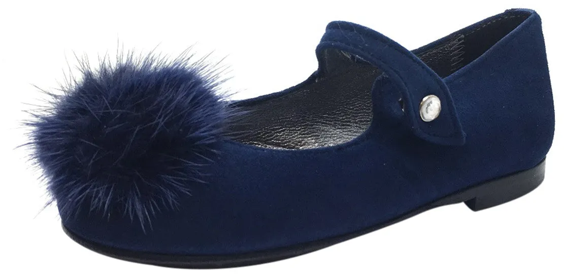 Papanatas by Eli Girl's Soft Suede Royal Navy Blue Gem Pom Pom Mary Janes Button Flats