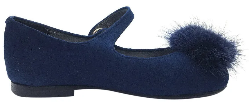 Papanatas by Eli Girl's Soft Suede Royal Navy Blue Gem Pom Pom Mary Janes Button Flats