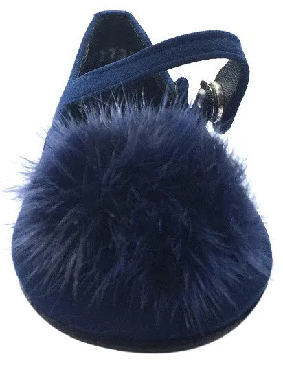 Papanatas by Eli Girl's Soft Suede Royal Navy Blue Gem Pom Pom Mary Janes Button Flats