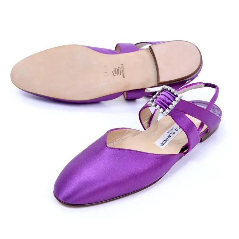 Purple Satin Manolo Blahnik Vintage Flats With Rhinestone Buckles 39