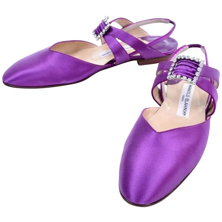 Purple Satin Manolo Blahnik Vintage Flats With Rhinestone Buckles 39