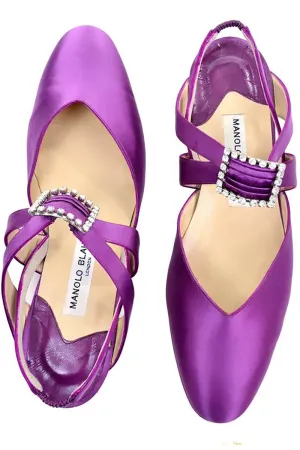 Purple Satin Manolo Blahnik Vintage Flats With Rhinestone Buckles 39