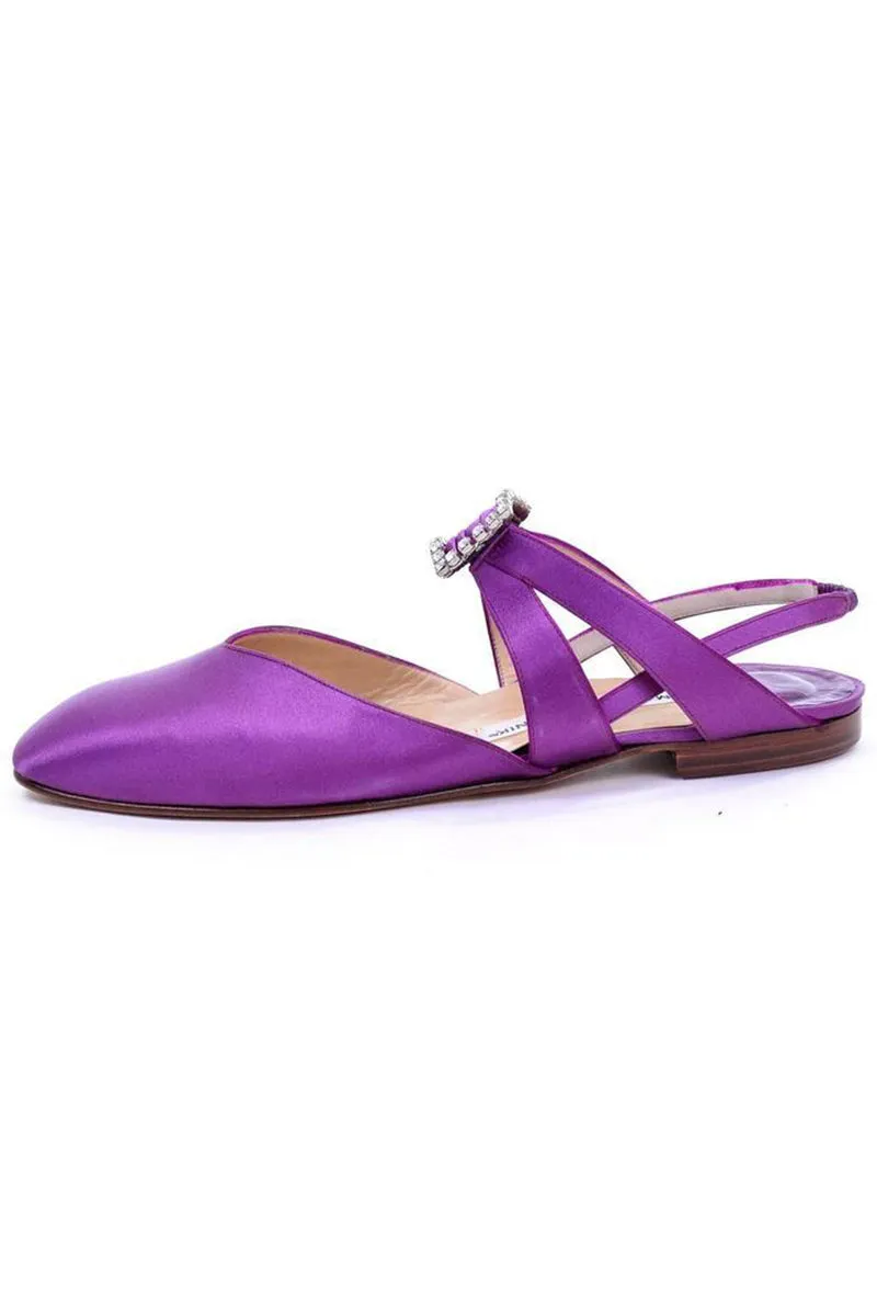 Purple Satin Manolo Blahnik Vintage Flats With Rhinestone Buckles 39