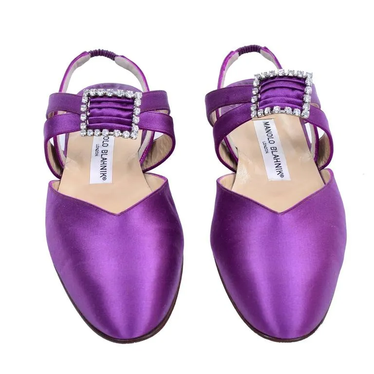 Purple Satin Manolo Blahnik Vintage Flats With Rhinestone Buckles 39