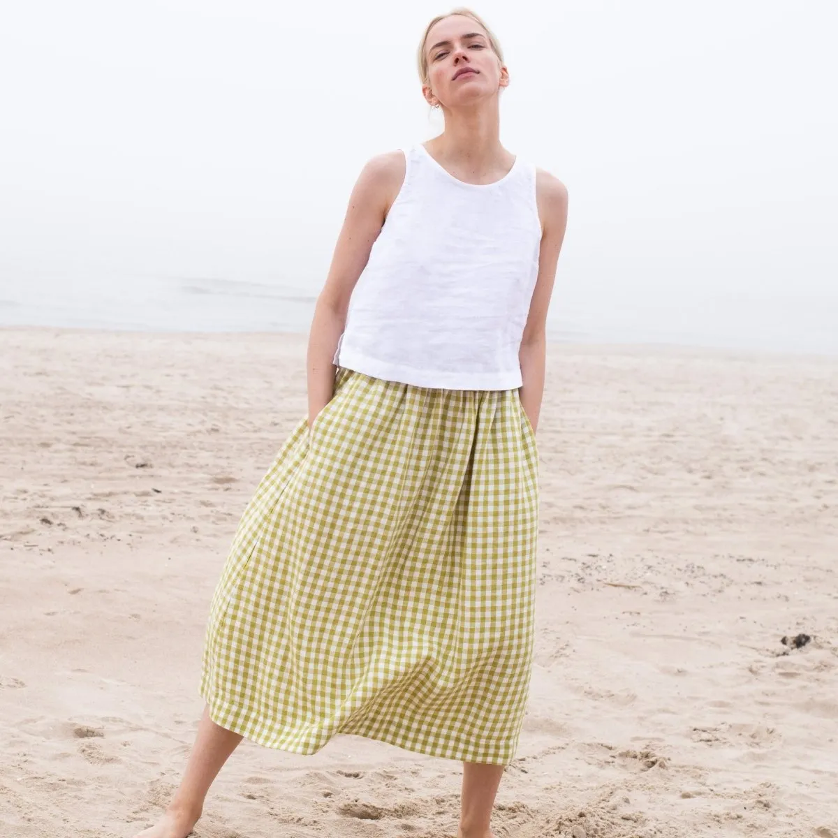 R: SION gathered linen skirt (Size: S; Color: Cream)