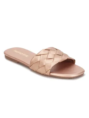 Rose Gold PU Woven Slide On Flat Sandals