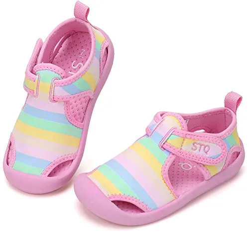 STQ Girls Water Shoes Quick Dry Summer Sports Beach Swim Pool Outdoor Sandals (Toddler/Little Kid) Pink/Rainbow 5 M US Toddler