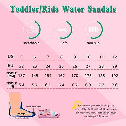 STQ Girls Water Shoes Quick Dry Summer Sports Beach Swim Pool Outdoor Sandals (Toddler/Little Kid) Pink/Rainbow 5 M US Toddler