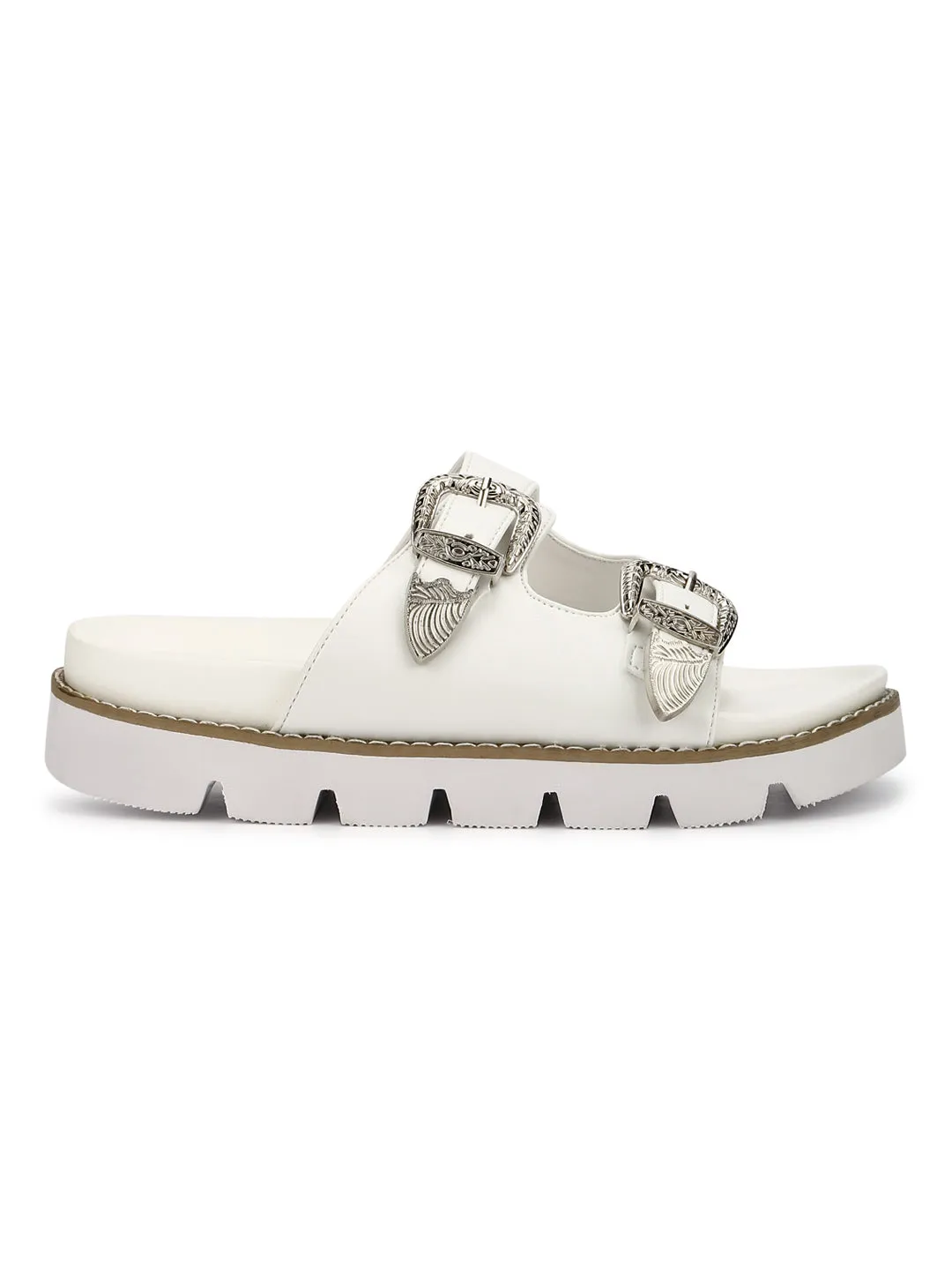 White PU Double Buckle Strap Cleated Slip-On Flats