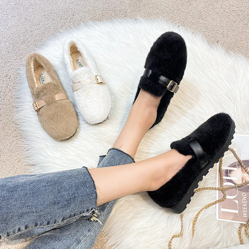 Womens Faux-Fur Loafers Warm Soft Plush Fur Winter Shoes