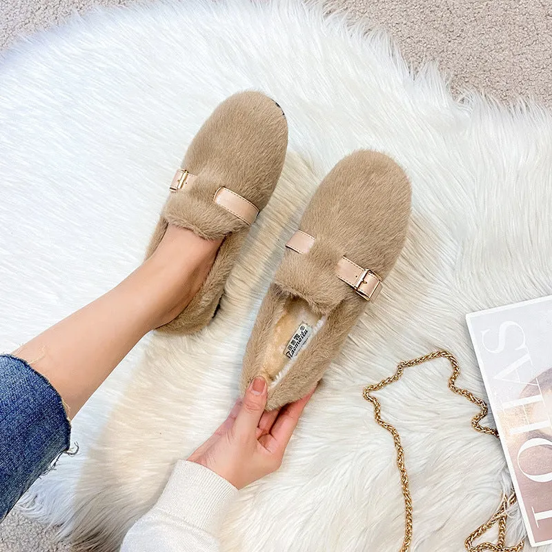 Womens Faux-Fur Loafers Warm Soft Plush Fur Winter Shoes